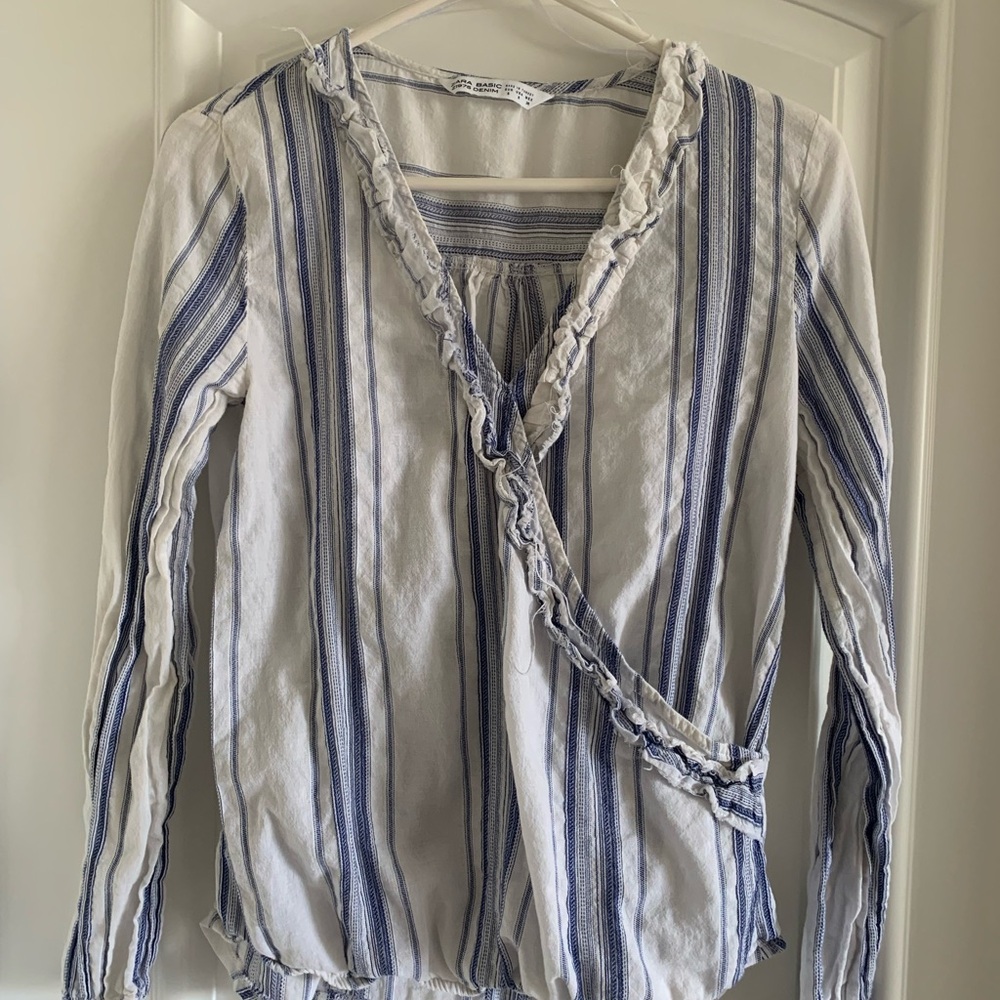 Zara Blue and White Striped Wrap Blouse